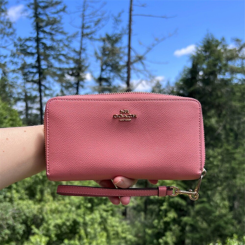 COACH Long Zip-Around Pink Crossgrain Leather Wallet GOLD Hardware AUTHENTIC